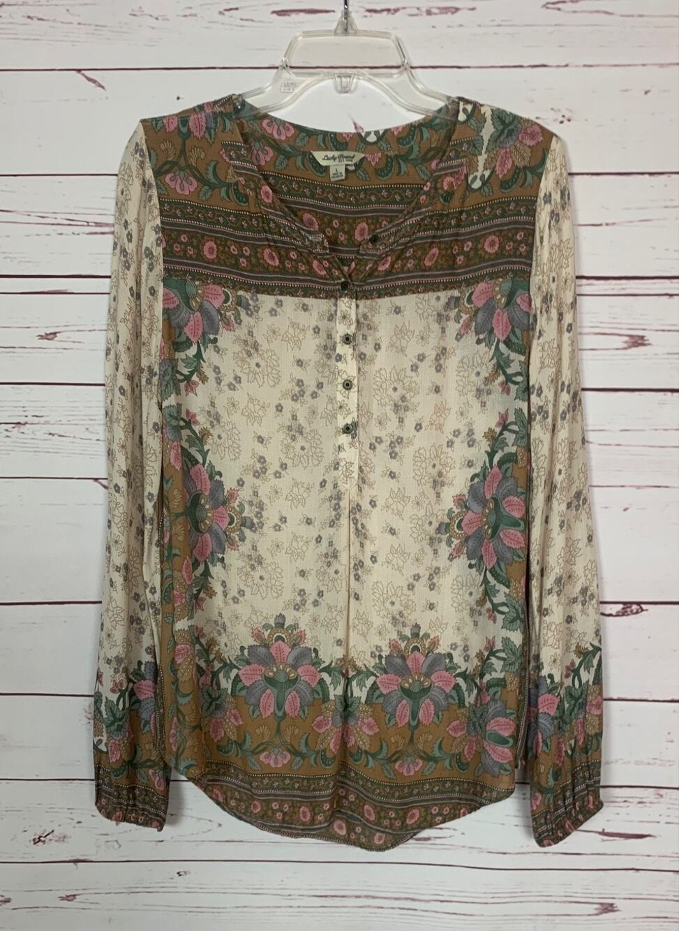 Lucky Brand Women's L Large Cream Boho Floral Long Sleeve Cute Button Top Shirt